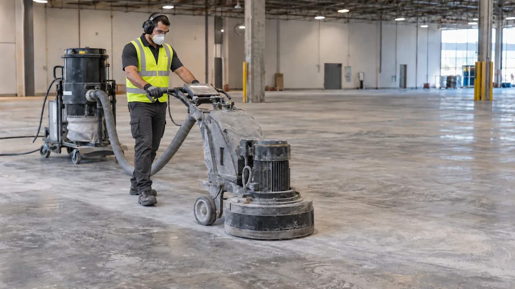 Illustration of a technician grinding an existing commercial concrete floor with dust extraction