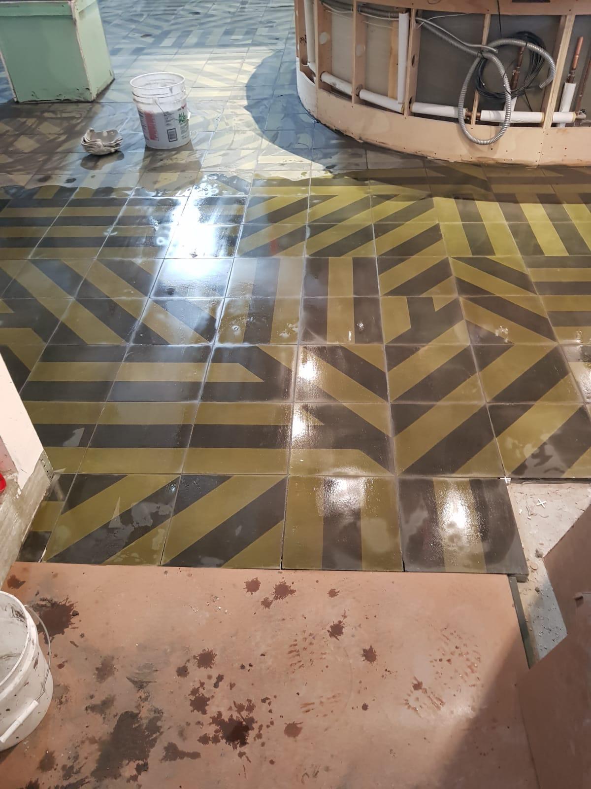 Patterned commercial tile floor installation