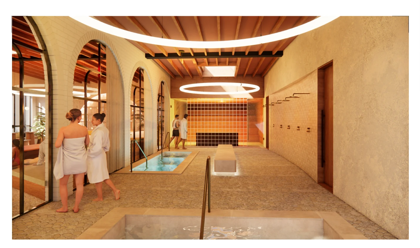 Sauna Lounge interior design rendering showing ceramic tile, thin brick arches, and pebble stone finishes
