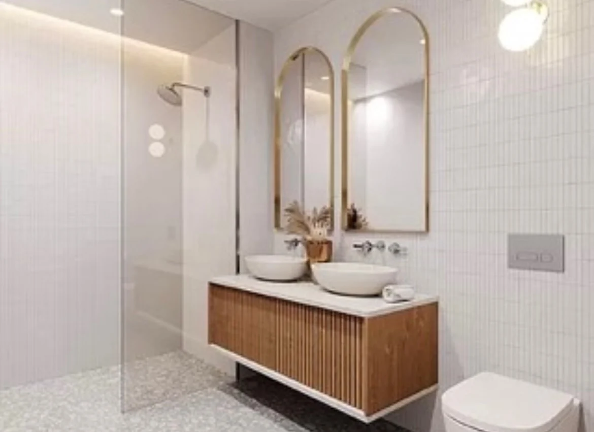 Residential bathroom tile shower vanity and floor installation