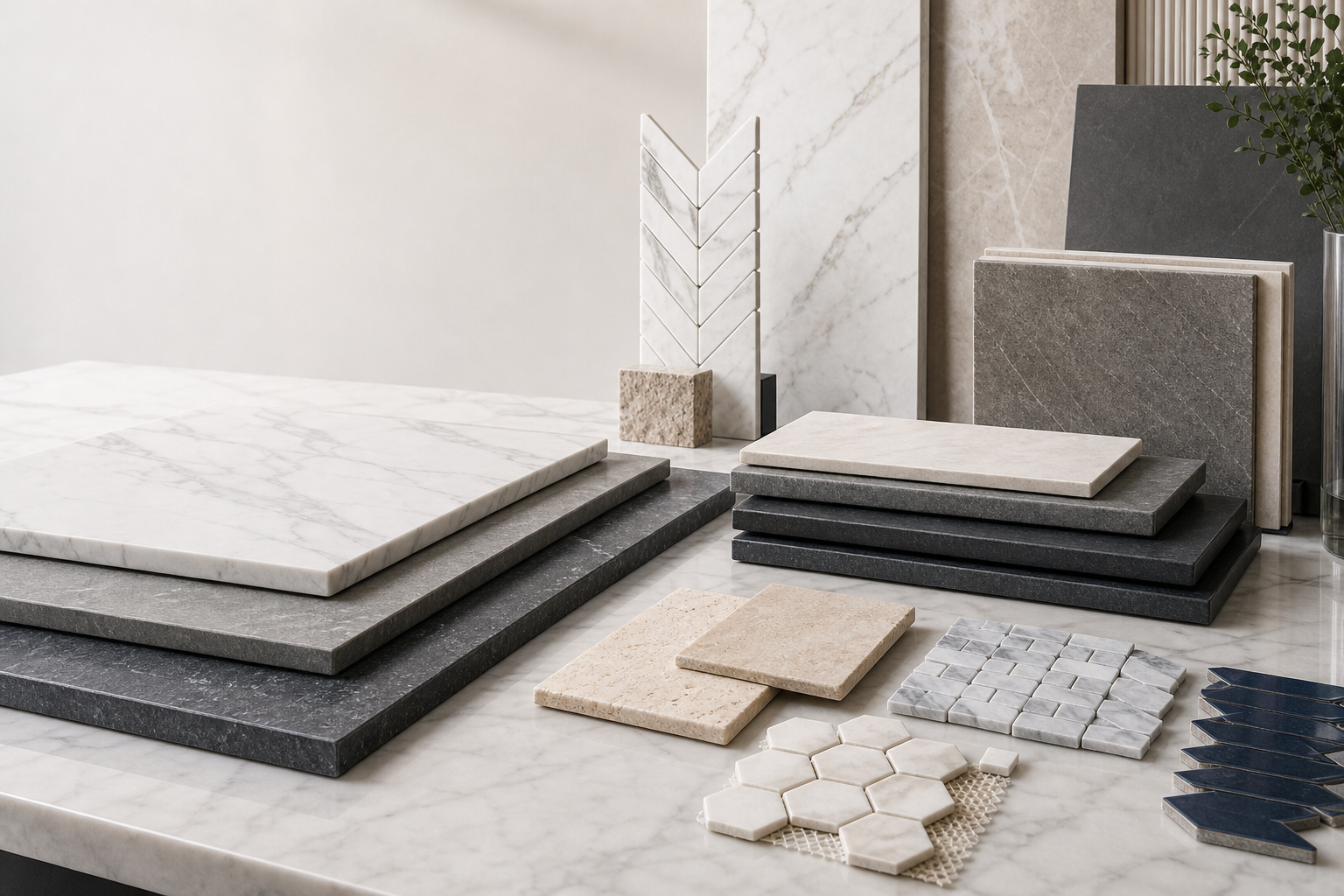Marble, porcelain, travertine, and mosaic tile material samples for selection